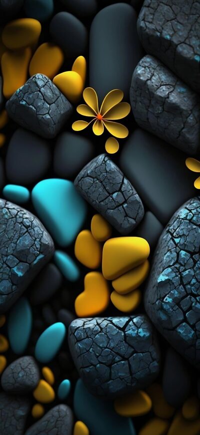 Abstract design with cracked stones, yellow and teal highlights, and a floral motif with red center. | 4K Wallpaper for Mobile