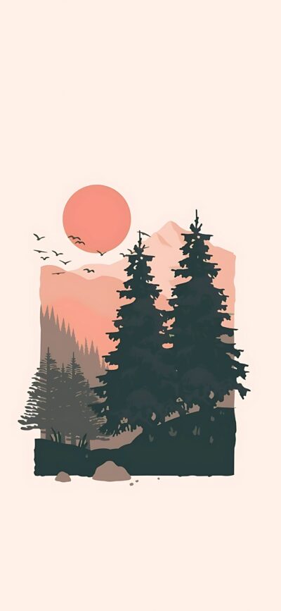 Nature scene with silhouetted trees, sunset, flying birds, and distant mountains for a calming effect | 4K Wallpaper for Mobile