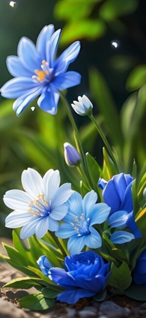 Blue and white flowers on a lush green background, creating a serene atmosphere for mobile | 4K Wallpaper | Nature Lovers.