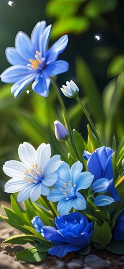 Blue and white flowers on a lush green background, creating a serene atmosphere for mobile | 4K Wallpaper | Nature Lovers.