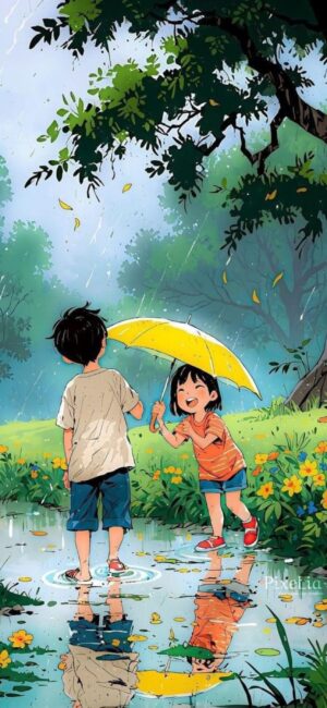 Animated children under a yellow umbrella on a rainy day with trees and flowers | 4K Wallpaper for Mobile