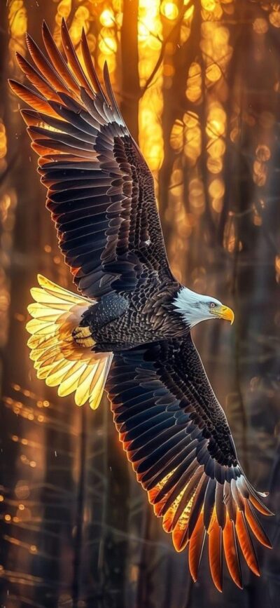 Majestic eagle soaring in a sunlit forest with glowing wings. Vibrant orange, brown, yellow tones | 4K Wallpaper for Mobile