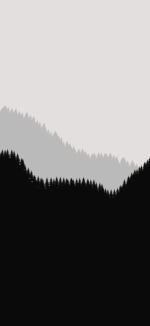 Mountain silhouette with pine forests in black and gray on light gray sky | 4K Wallpaper, for Mobile | Black, Gray, White