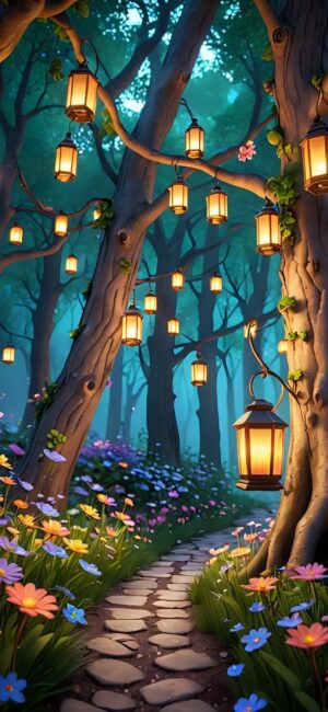 Magical forest path with lanterns, lush trees, and flowers in a fantasy setting | Blue, Green, Brown, Yellow | For Mobile | 4K Wallpaper