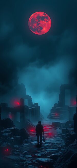 Mysterious scene with red moon over ancient ruins, a lone figure beneath an eerie sky | 4K Wallpaper, for Mobile