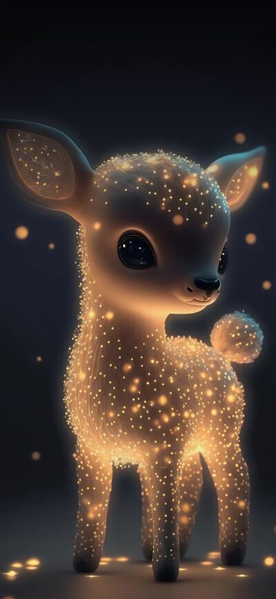 Cute glowing fawn with twinkling lights in a dark, whimsical setting | 4K Wallpaper for Mobile