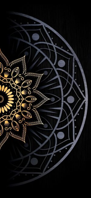 Intricate gold mandala with geometric shapes on a black background | 4K Wallpaper for Mobile | Black and Gold design