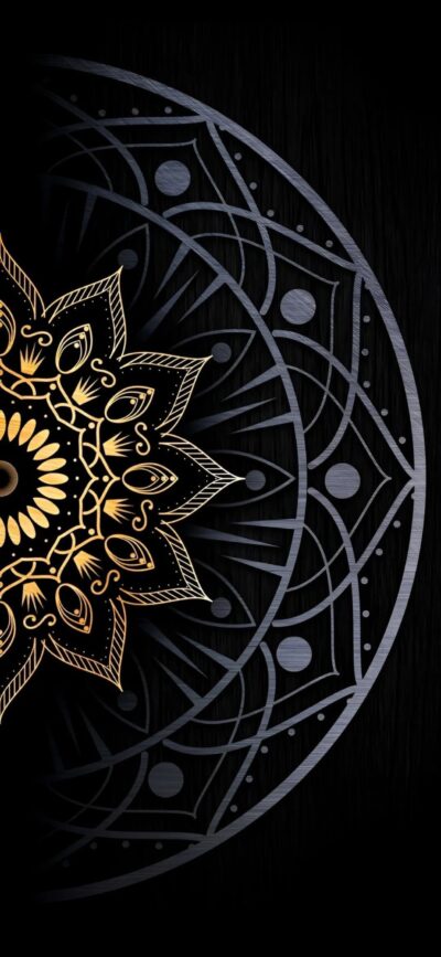 Intricate gold mandala with geometric shapes on a black background | 4K Wallpaper for Mobile | Black and Gold design