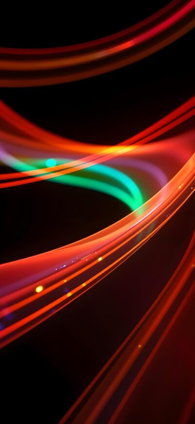 Dynamic abstract design with flowing lines in vibrant red, green, orange hues on dark background | 4K Wallpaper for Mobile