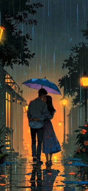 Romantic couple with an umbrella in rain under warm street lamps; serene night scene with reflections | 4K Wallpaper for Mobile