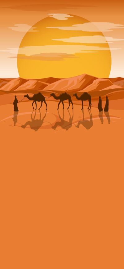 Serene desert landscape with sunset, camels, and people silhouettes | Orange, Yellow tones | 4K Wallpaper for Mobile