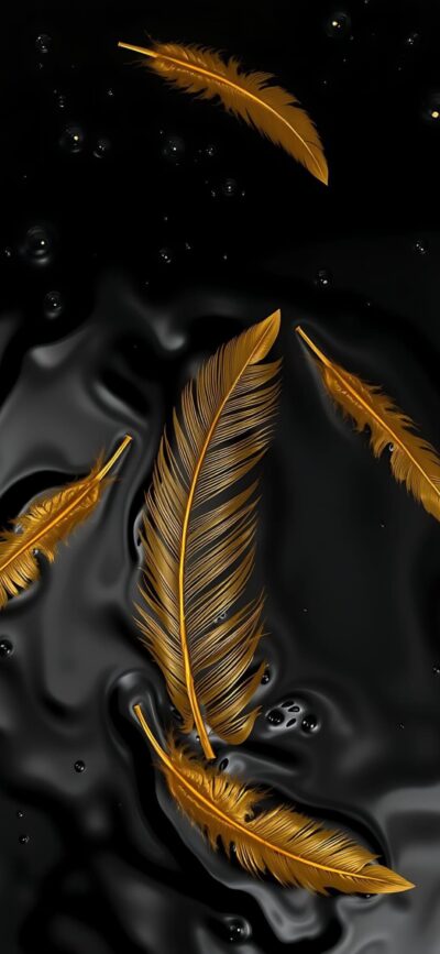 Golden feathers on a smooth black background create an elegant, luxurious look for mobile | 4K Wallpaper | Gold and Black