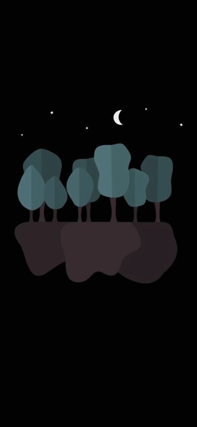 Minimalist nighttime forest illustration with trees, crescent moon, stars. Dark, serene vibe. Black, green, brown tones | 4K Wallpaper for Mobile