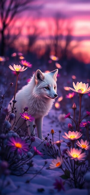 White fox with glowing flowers against a purple and pink sunset | Fantasy & Nature Scene | 4K Wallpaper for Mobile