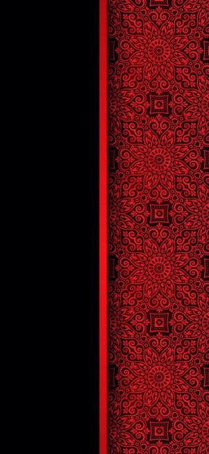 Intricate red and black geometric and floral pattern, featuring mandalas and spirals, for a striking mobile display | 4K Wallpaper.