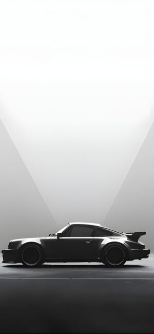 'Sleek classic sports car silhouette on minimalist background in black, white, and grey | 4K Wallpaper for Mobile'