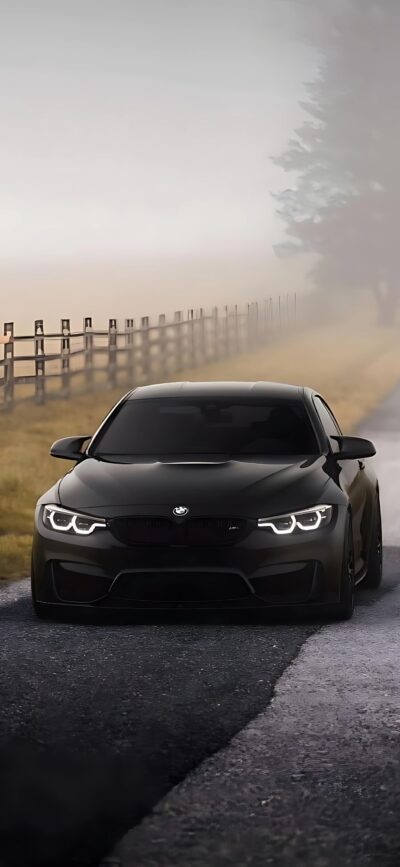 BMW driving on foggy country road with fence and misty trees | Black, Gray, Green | 4K Wallpaper for Mobile