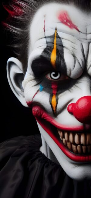 Sinister clown with a menacing grin in black, red, yellow, and blue against a dark backdrop for an eerie look | 4K Wallpaper for Mobile