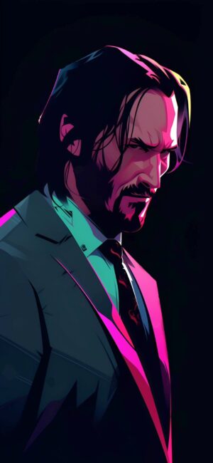 Stylized character in a suit with a dark, colorful aesthetic | Black, Pink, Purple | For Mobile | 4K Wallpaper