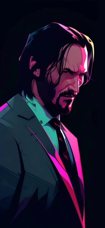 Stylized character in a suit with a dark, colorful aesthetic | Black, Pink, Purple | For Mobile | 4K Wallpaper