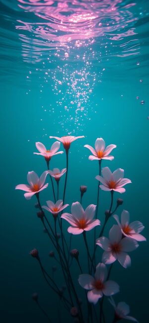 Underwater scene with pink flowers and bubbles in soft light, featuring blue, pink, and white hues | 4K Wallpaper for Mobile