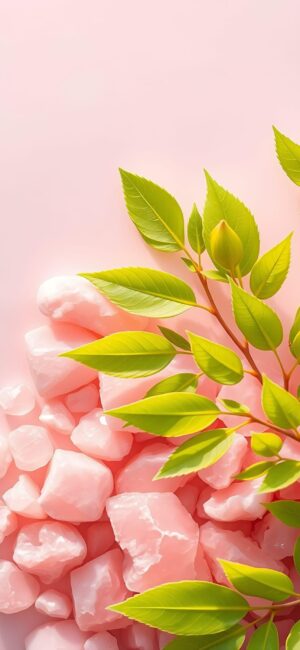 Delicate light pink stones with vibrant green leaves create a fresh, soothing look. | 4K Wallpaper for Mobile