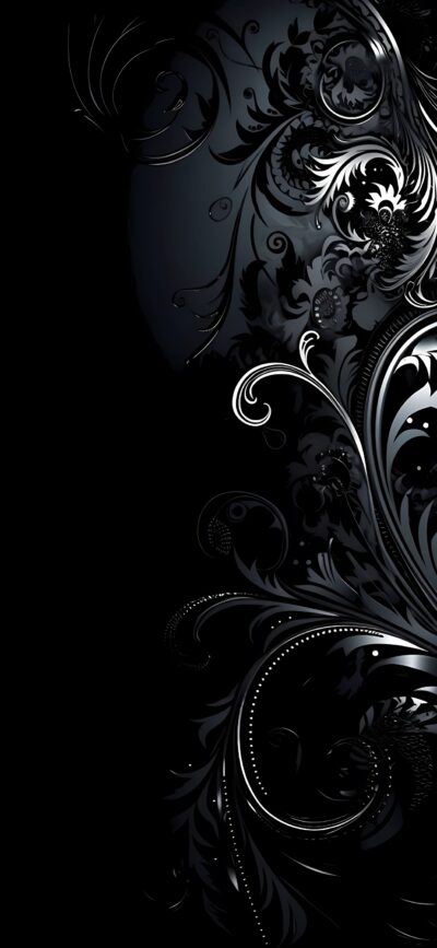 Black and gray abstract floral pattern with swirling designs on a solid black background, elegant and sophisticated | 4K Wallpaper, for Mobile