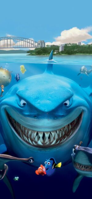 Finding Nemo characters and Bruce the shark in a vibrant underwater scene with a bridge | Blue, Green, Gray | 4K Wallpaper for Mobile