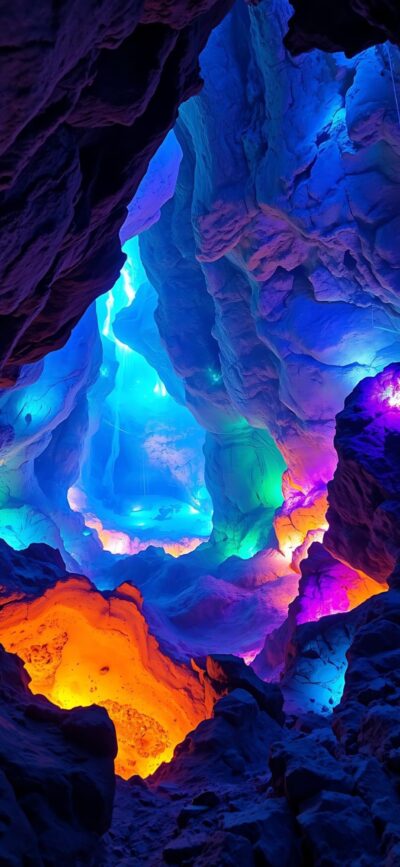 'Cave scene with vibrant blues, purples, oranges, and yellows, creating an ethereal atmosphere | 4K Wallpaper for Mobile'