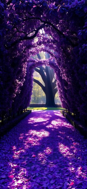 Pathway with purple flower-covered trees, fallen petals, sunlight, and a large tree. Tranquil, magical setting. | 4K Wallpaper, for Mobile