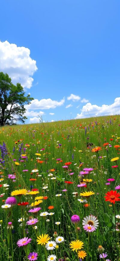 Vibrant meadow with colorful wildflowers under blue sky and clouds; lone tree in the background. | 4K Wallpaper for Mobile