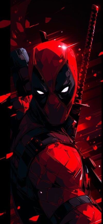 Deadpool in red and black suit with katana, action-packed red/black tones, Marvel style | 4K Wallpaper for Mobile