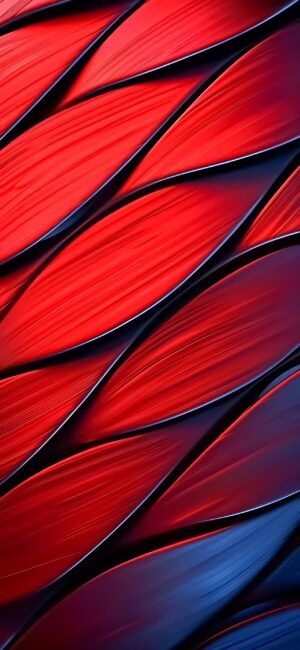 Abstract design with overlapping red and dark blue shapes, resembling stylized feathers | 4K Wallpaper, for Mobile.