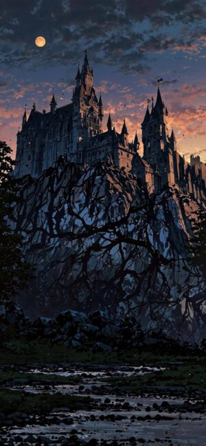 Dark castle on rocky hill under full moon with twisting trees; gothic atmosphere. Ideal for medieval fantasy fans | 4K Wallpaper for Mobile