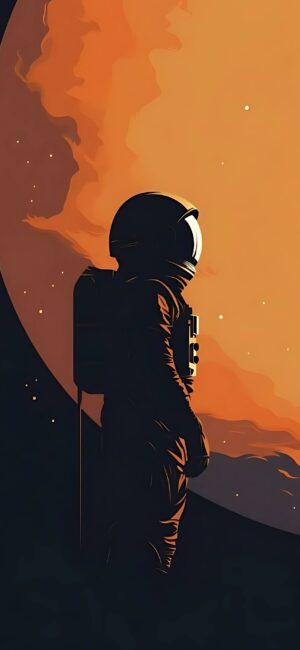 Astronaut with cosmic backdrop and orange planet, reflecting adventure and curiosity in space. | 4K Wallpaper for Mobile