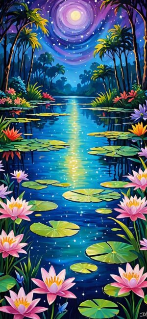 Vibrant fantasy lake scene with lily pads, flowers, palm trees under a starry sky. Magical tranquility. | 4K Wallpaper for Mobile