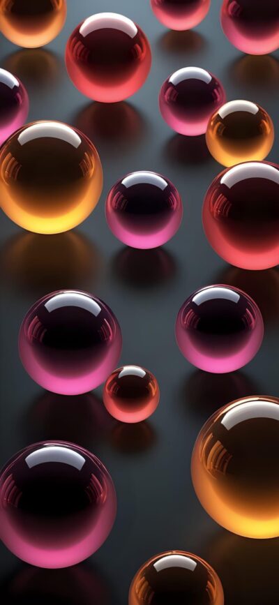 Glossy 3D spheres in vibrant orange, pink, purple on a dark background | 4K Wallpaper, Abstract, Futuristic & Geometric for Mobile