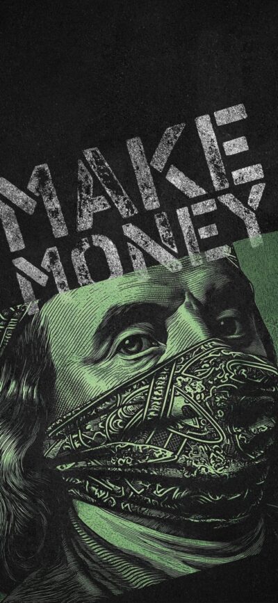 'Stylized historical figure with bandana, "Make Money" message; modern design with green & black tones | 4K Wallpaper for Mobile'