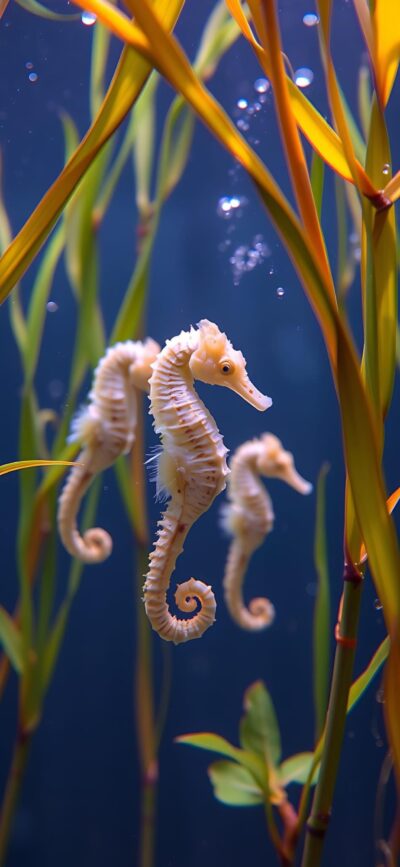 Seahorses swimming among plants in serene underwater scene with bubbles, blue and green hues | 4K Wallpaper for Mobile