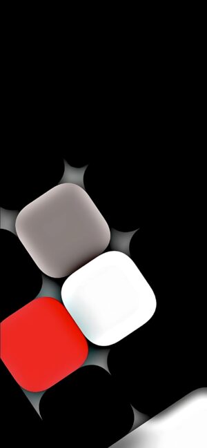 Abstract design with rounded squares in grey, white, and red on a black background, creating a 3D effect | 4K Wallpaper for Mobile