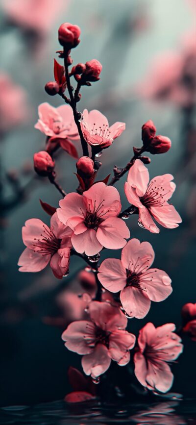 Cherry Blossoms over a blurred background, emphasizing delicate pink petals. | 4K Wallpaper, for Mobile | Pink, Green, Black