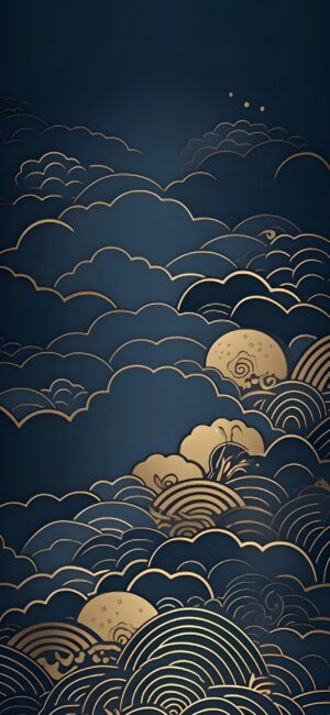 Elegant abstract gold and dark blue waves, cloud patterns | Asian-inspired 4K Wallpaper for Mobile