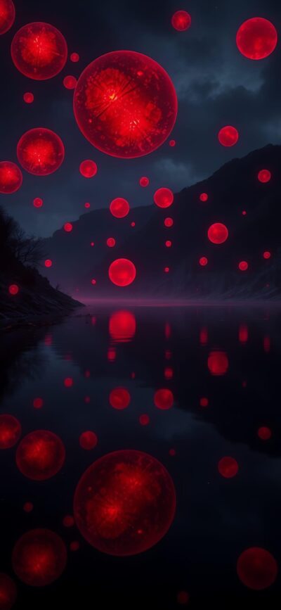 Surreal scene with glowing red spheres over a calm lake, surrounded by dark mountains and a cloudy night sky | 4K Wallpaper for Mobile