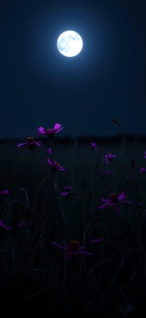 Serene night scene with full moon over purple wildflowers, creating a tranquil ambiance | 4K Wallpaper for Mobile