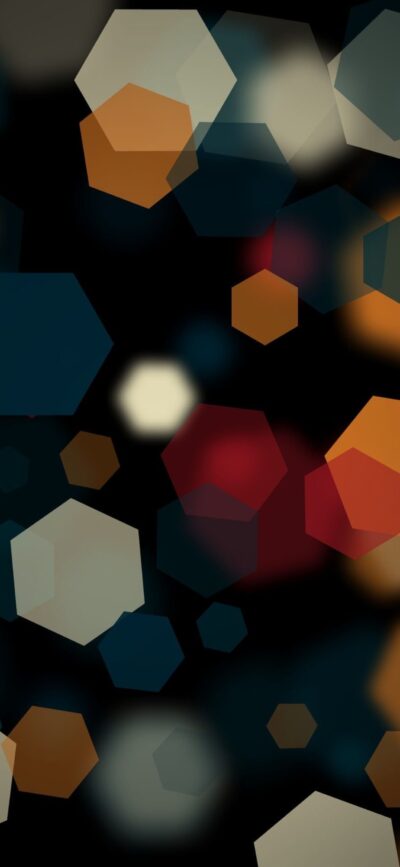 Abstract hexagonal geometric patterns in orange, red, blue, and off-white on a dark background | 4K Wallpaper for Mobile