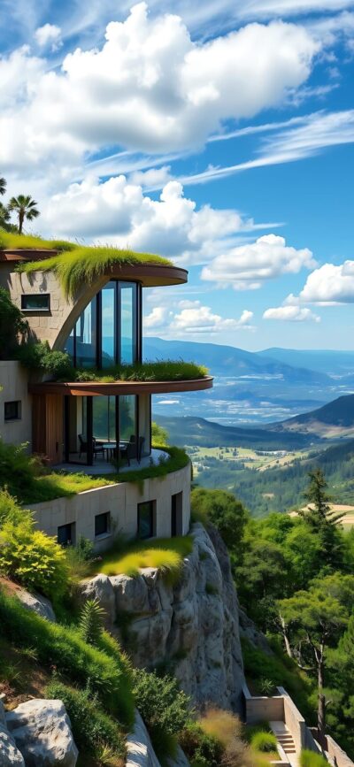 Modern house on cliff with green roofs, stunning mountain and valley view, blue sky, and white clouds | Nature | 4K Wallpaper for Mobile