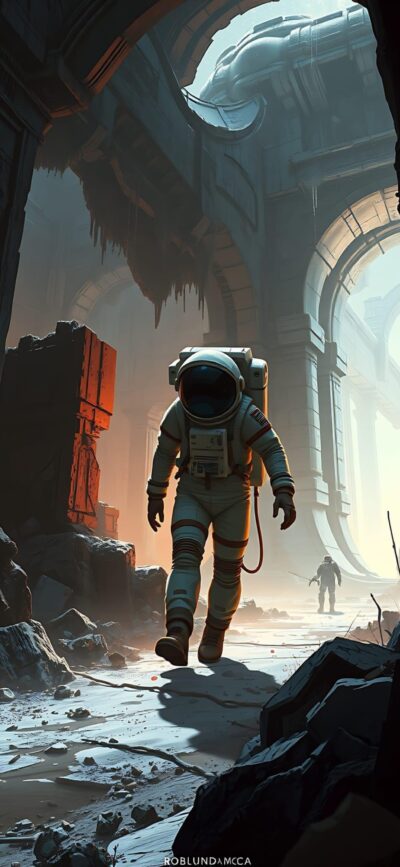 Astronaut amidst high arches and rocky terrain, sci-fi exploration vibes. Primary colors: Blue, Orange, Gray. | 4K Wallpaper for Mobile