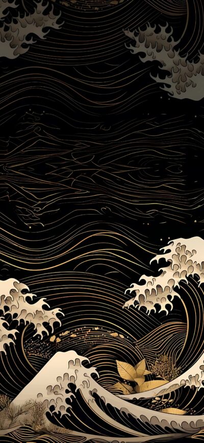 Japanese-style waves with gold accents and a boat, evoking "The Great Wave off Kanagawa" | 4K Wallpaper for Mobile