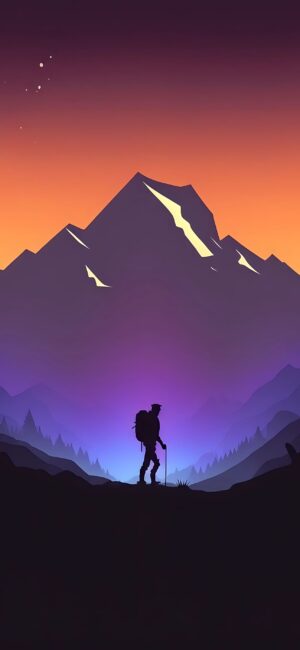 Silhouette of a hiker in front of a mountain at sunset with a starry sky, in orange, purple, and black tones. | 4K Wallpaper for Mobile