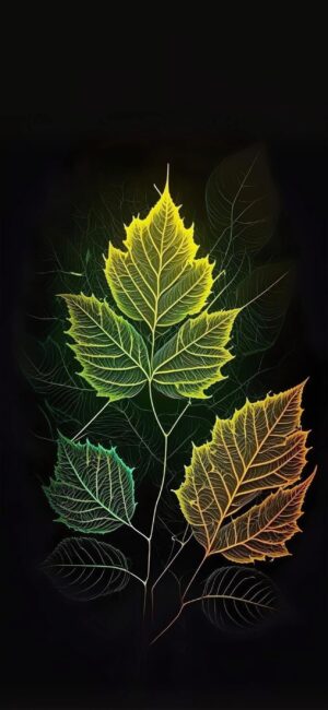 Gradient leaves in green, yellow, orange on dark background | 4K Wallpaper, for Mobile | Nature-inspired vibrant design